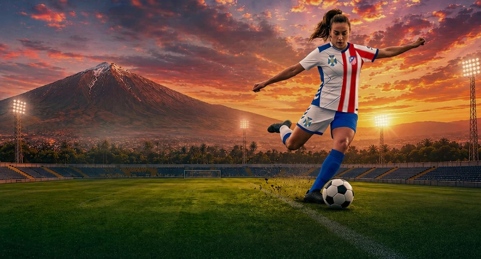 Jugadora de la final femenina con el Teide al atardecer en el Estadio Municipal Los Cuartos