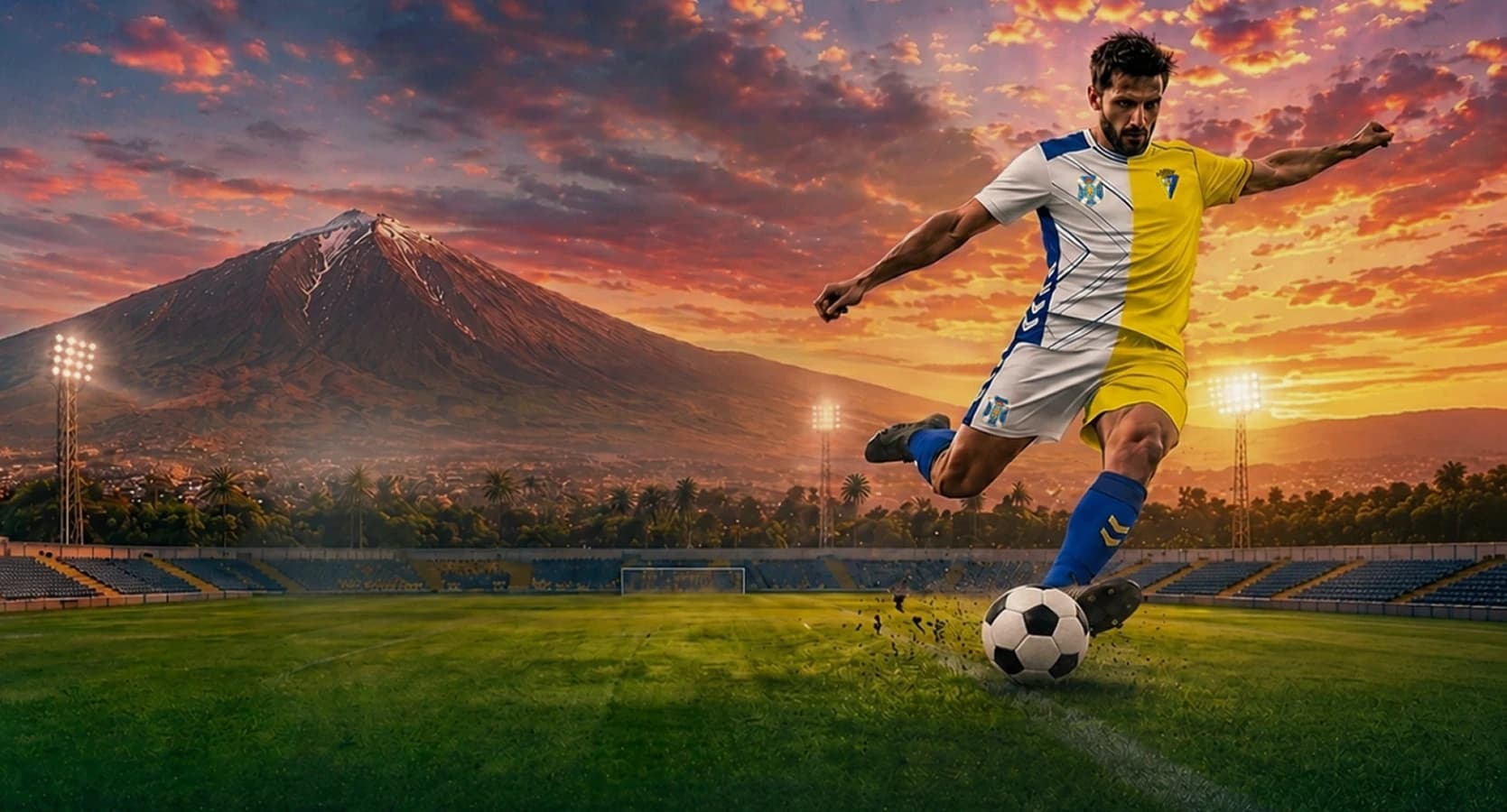 Jugador de la final masculina con el Teide al atardecer en el Estadio Municipal Los Cuartos